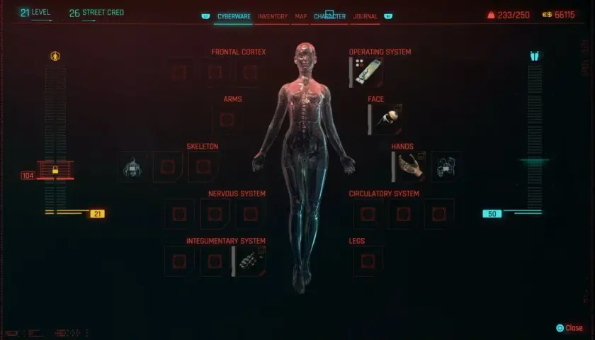 Interfejs gry Cyberpunk 2077, ekran budowy postaci. Widoczny schemat ciała z opcjami cyberwszczepów: system operacyjny, twarz, ręce, nogi, układ krążenia, układ nerwowy, szkielet, kora mózgowa.