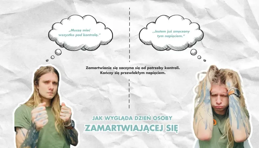 Dwa obrazy mężczyzny: pierwszy zdeterminowany, myślący "Muszę mieć wszystko pod kontrolą", drugi wyczerpany, z rękami na głowie, myślący "Jestem już zmęczony tym napięciem". Zamartwianie się na zapas.