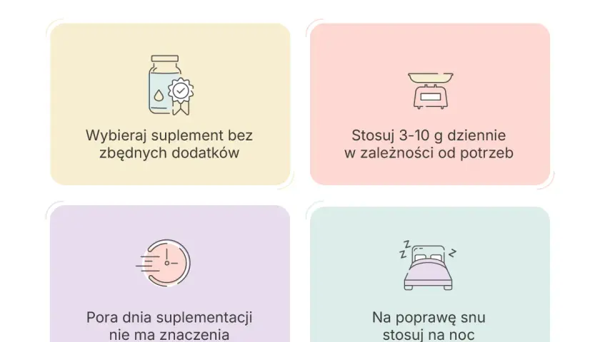 Informacje o suplementacji glicyny: wybieraj czysty suplement, stosuj 3-10g dziennie, pora dnia nie ma znaczenia, na sen stosuj na noc.
