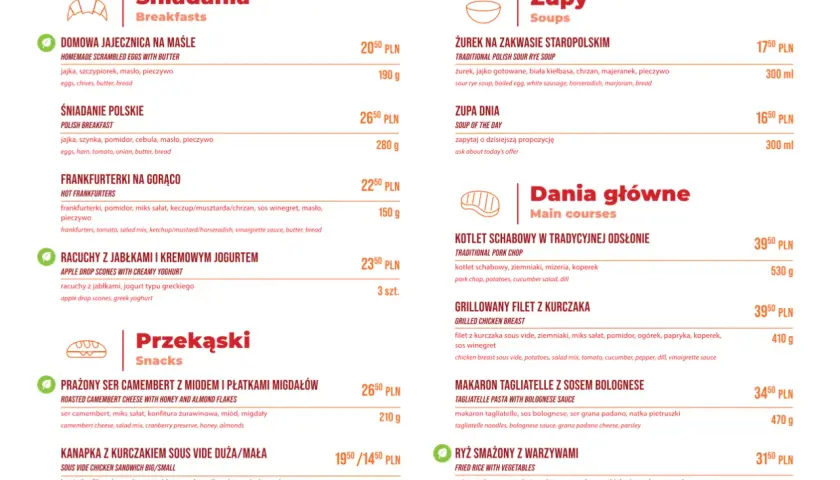Menu z daniami i cenami. Nie ma informacji, ile kosztuje kawa w Pendolino.