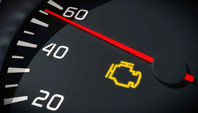 Cruscotto auto con spia motore accesa. L'ago del contagiri indica una velocità bassa, ma la spia gialla del motore è un segnale di allarme.