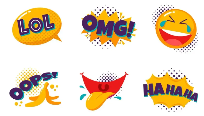 Zabawne, kolorowe grafiki z młodzieżowe skróty: LOL, OMG, HAHAHA, OOPS! oraz emotikony.