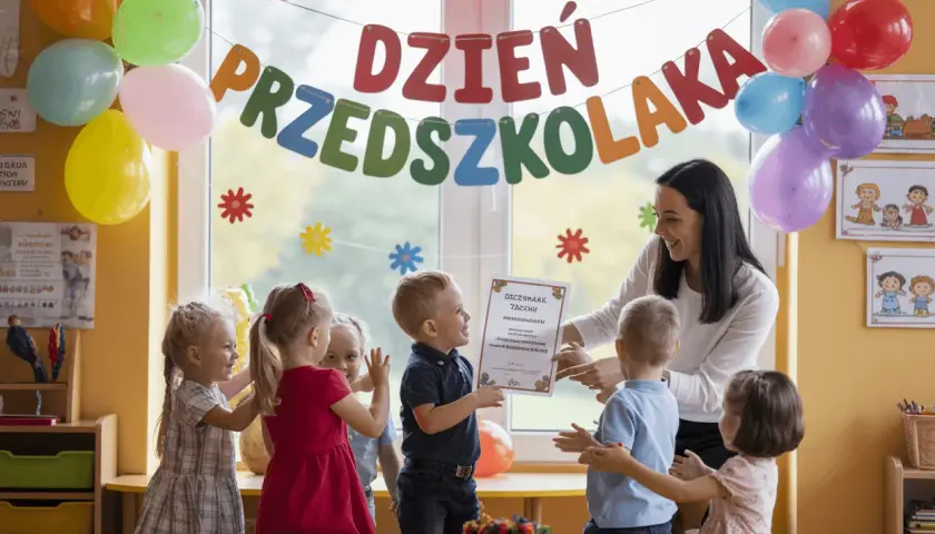 Nauczycielka wręcza dyplom grupie przedszkolaków na tle kolorowych balonów i napisu "Dzień Przedszkolaka".