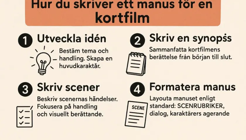 Steg för hur man skriver ett manus för en kortfilm: utveckla idé, skriv synopsis, skriv scener och formatera manus.