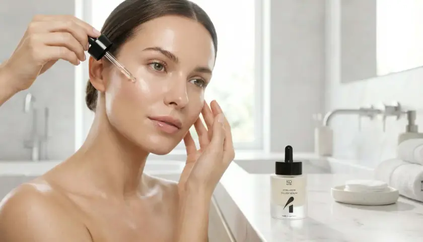 Donna applica siero viso, scopri i benefici della niacina per una pelle luminosa e idratata.