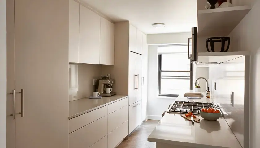 A modern galley kitchen makeover featuring sleek, handleless cabinets, a coffee machine, and a gas stove with a bowl of oranges.