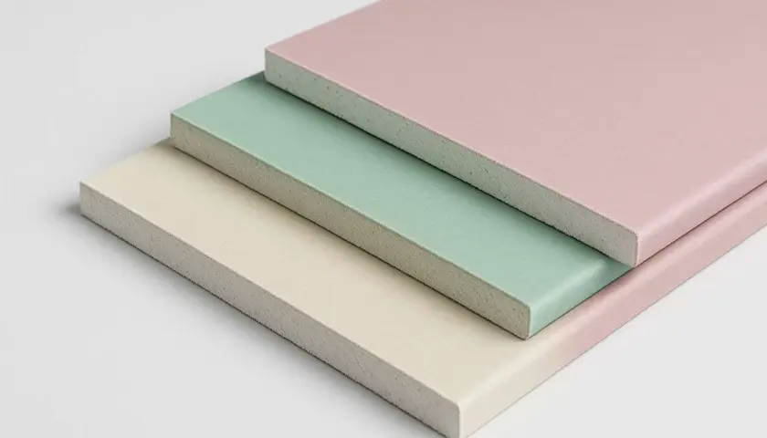 Tre lastre di cartongesso colorate, ideali per chi cerca il miglior cartongesso per umidità.