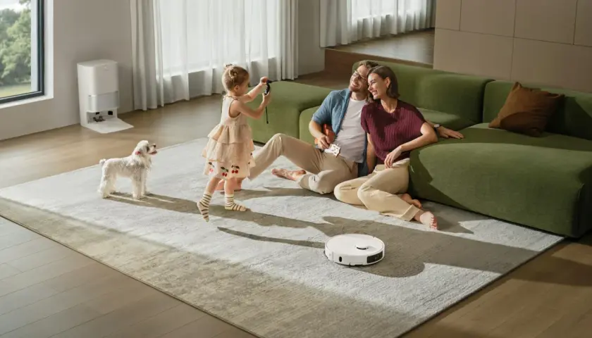 Familia feliz disfrutando de su hogar mientras un robot aspirador limpia. Las ventajas de la domótica se reflejan en este momento de paz y comodidad.