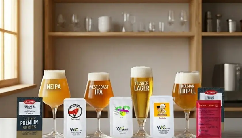 Verres de bière artisanale (NEIPA, West Coast IPA, Pilsner, Belgian Tripel) et sachets de levure de bière.