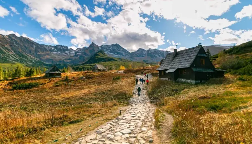 Kamienista ścieżka prowadzi przez polanę Rusinową do drewnianych bacówek. W tle majestatyczne Tatry.