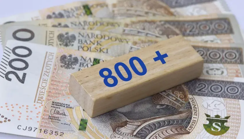 Drewniany klocek z napisem "800+" leży na polskich banknotach 200 zł.