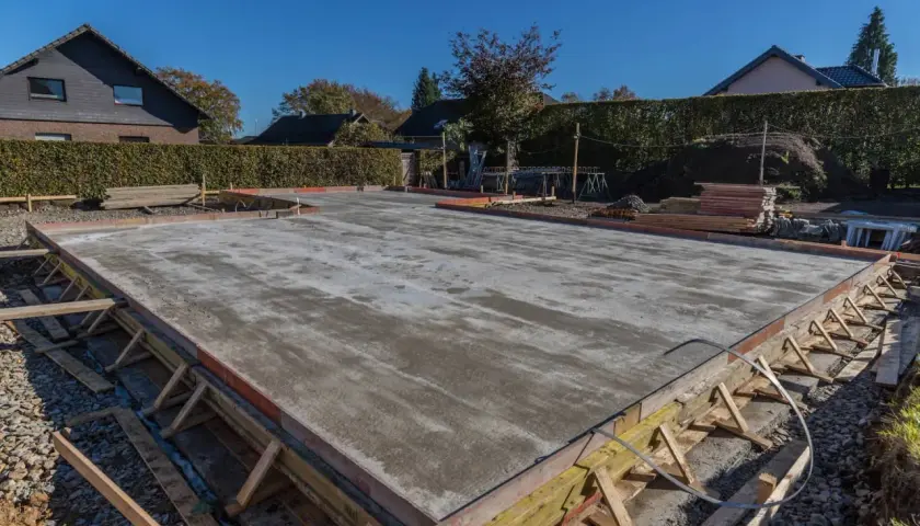 Der Schalung Aufbau für eine Betonplatte ist sichtbar. Holzstützen und Bretter formen den Rand der frisch gegossenen Bodenplatte.
