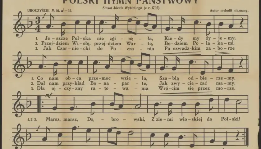 Polski hymn państwowy z nutami i tekstem. Melodia nieznana, słowa Józefa Wybickiego.