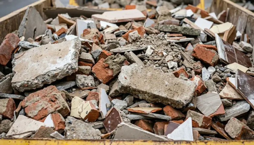 Gruz budowlany w kontenerze: potłuczona cegła, beton, płytki.