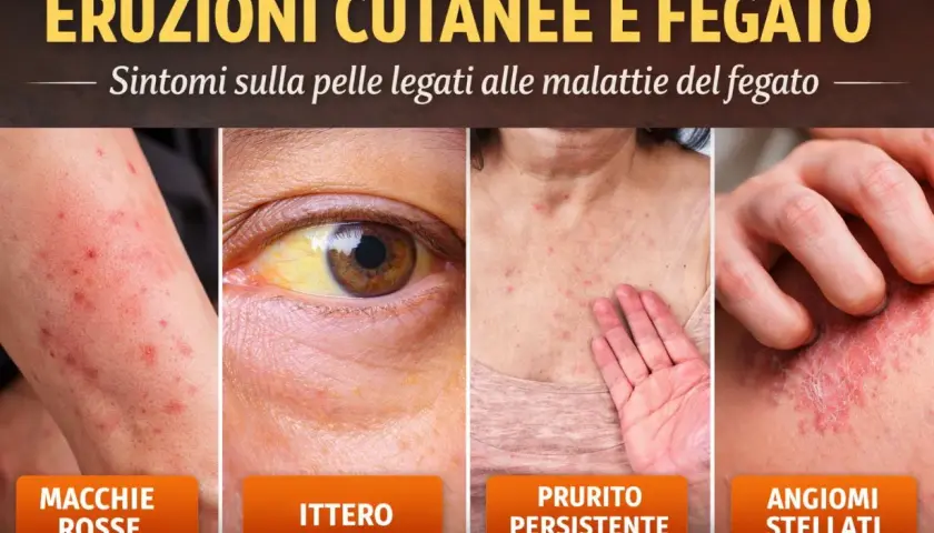 Eruzioni cutanee e ittero, sintomi di problemi al fegato: macchie rosse, prurito persistente e angiomi stellati.