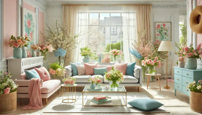 A light-filled living room with a pale pink sofa, abundant floral arrangements, and pastel accents. This space is perfect to refresh your home for spring.