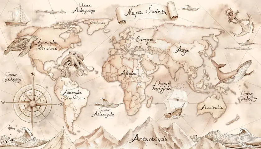 Mapa świata z wielorybem, żółwiem i ośmiornicą. Ta tapeta świata przeniesie Cię w podróż po kontynentach i oceanach.