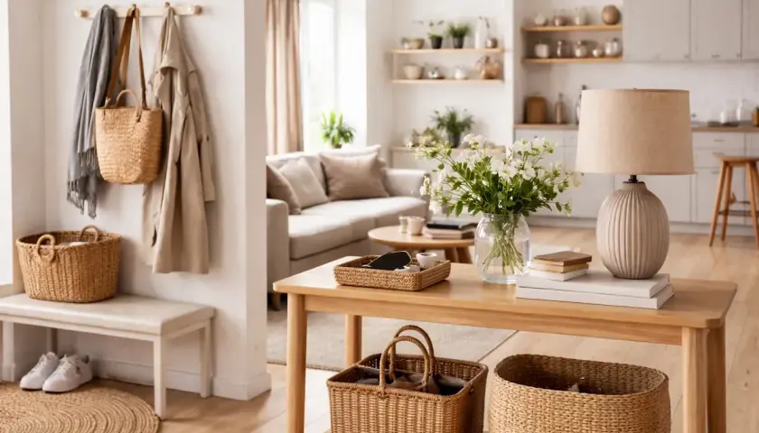 Ett snyggt vardagsrum med korgar, en soffa och en lampa.
