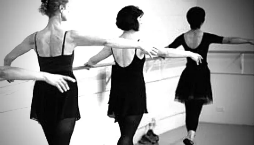 Three women in black leotards practice ballet at a barre.