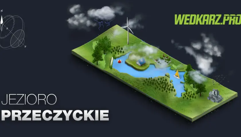 Wizualizacja jeziora Przeczyckiego z żaglówką, domkami i wiatrakiem. Nadciąga burza.