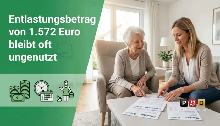 Junge Frau erklärt älterer Dame den Entlastungsbetrag von 1.572 Euro, der oft ungenutzt bleibt. Icons zeigen Geld, Zeit, Kalender und Haushaltshilfe.