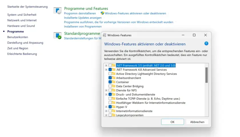 Windows 11 Recall deaktivieren: Im Fenster "Windows-Features" können Sie Programme wie .NET Framework 3.5 ein- oder ausschalten.