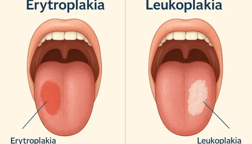 Dwa obrazy jamy ustnej: po lewej czerwona plama (erytroplakia), po prawej biała plama (leukoplakia jamy ustnej).