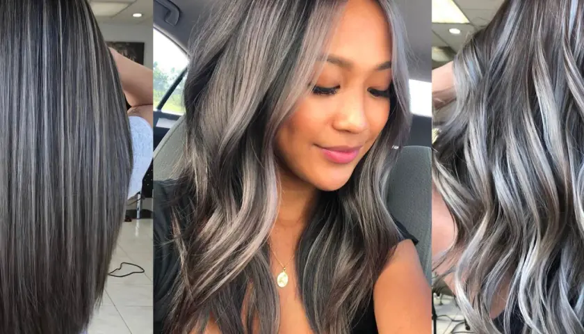 Cabello con mechas plateadas y grises, un estilo moderno que imita porque salen las canas, luciendo elegante y atrevido.