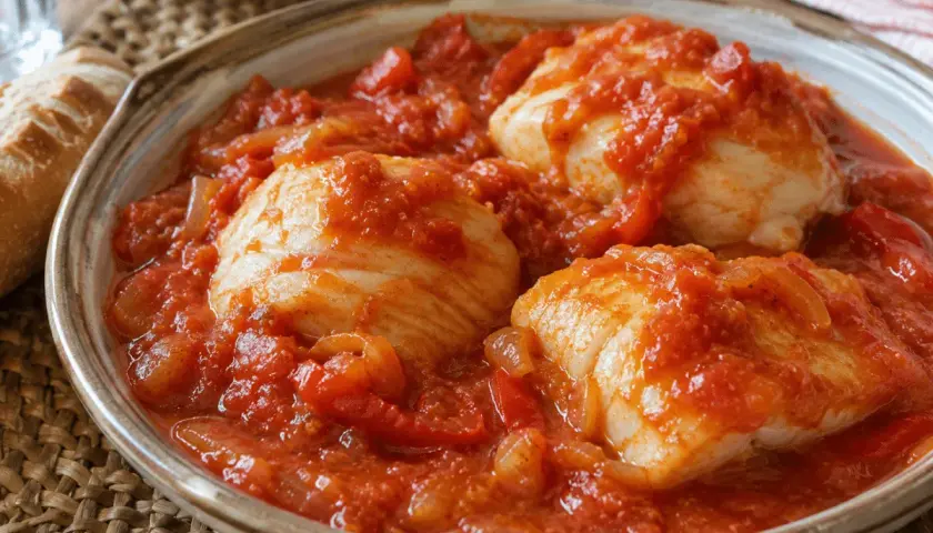 Bacalao con tomate, un plato casero con trozos de pescado blanco en una salsa roja de tomate y cebolla.