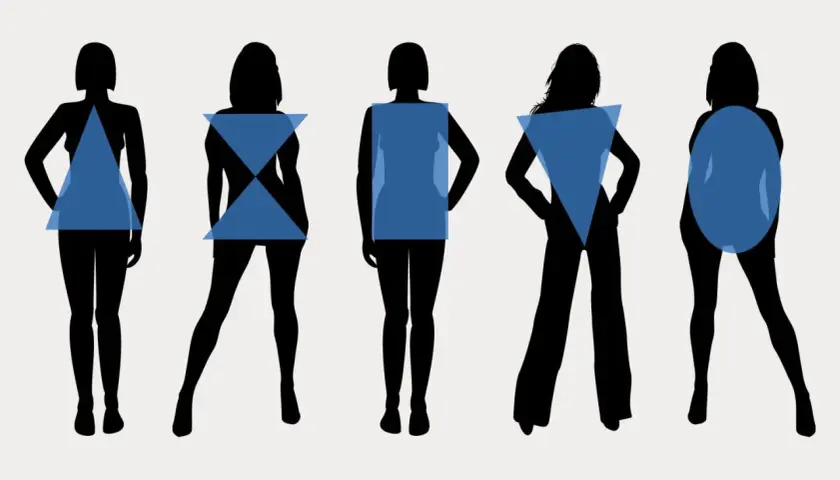 Silhouettes de femmes aux formes variées, chacune avec une forme géométrique bleue superposée. Une femme menue est représentée.