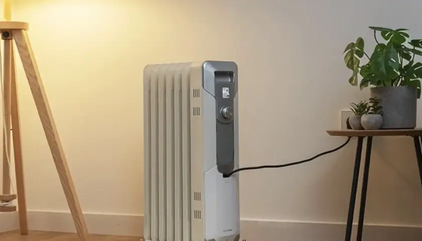 Estufa eléctrica de aceite con ruedas, conectada a la corriente, junto a una planta y una lámpara. Controla el consumo.