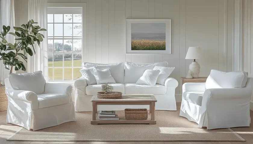 Gemütliches Wohnzimmer im **New England Style** mit weißen Sofas, Sesseln, Holztisch und einem Bild mit Meeresmotiv.