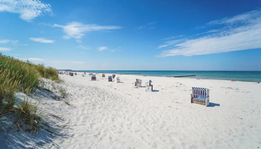 Ein perfekter Hiddensee Urlaub: Weißer Sandstrand, blaue Ostsee und Strandkörbe laden zum Entspannen ein.