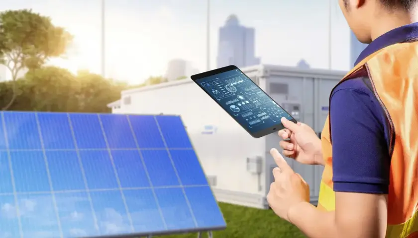 Technik z tabletem analizuje dane z paneli słonecznych. Pokazuje, jak połączyć falownik z wifi, by monitorować energię.