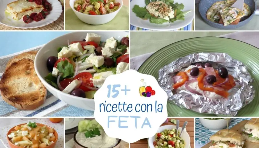 Collage di piatti con feta greca: insalate, pasta, tortini e panini. Scopri 15+ ricette con la feta per piatti freschi e gustosi.