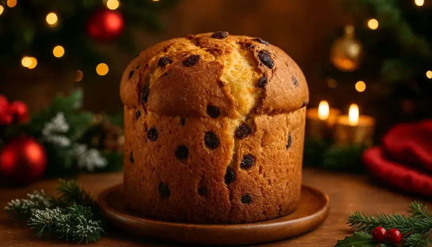 A puszysta babka panettone z rodzynkami na drewnianej desce, otoczona świątecznymi ozdobami i migoczącymi światełkami choinkowymi.