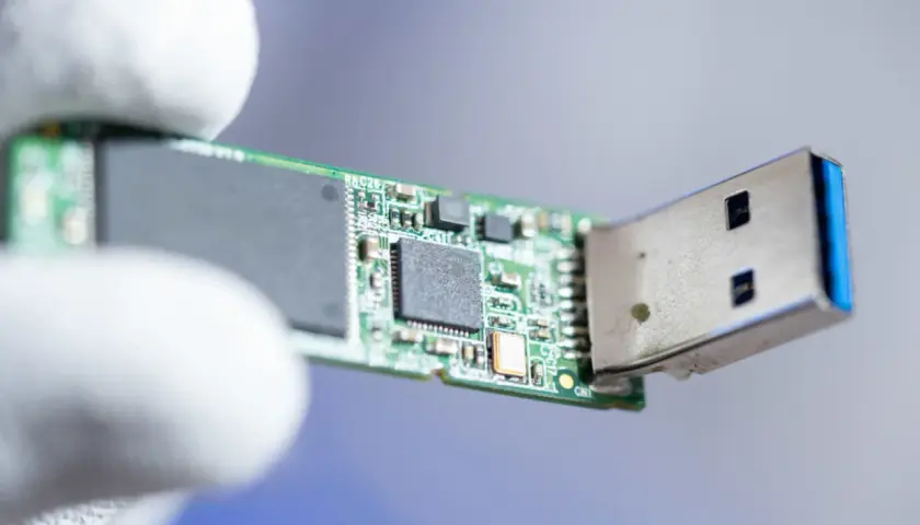 Nahaufnahme eines USB-Sticks mit Leiterplatte. Vielleicht hilft die CMD, den USB stick reparieren.