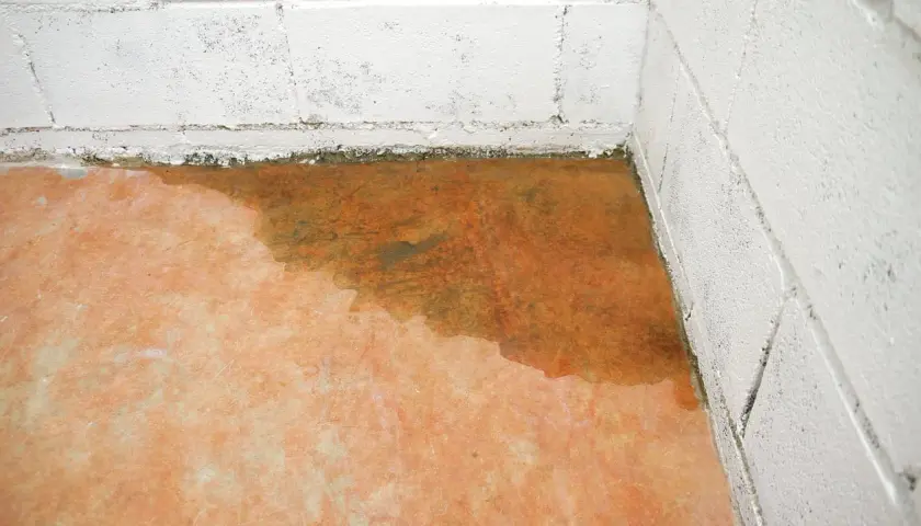 Feuchter Boden in einer Ecke mit weißen Betonwänden. Wasserflecken und Feuchtigkeit sind sichtbar.