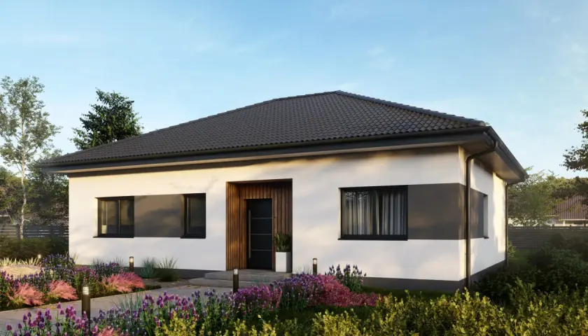 Nowoczesny dom parterowy z pięknym ogrodem. Czy dom parterowy jest tańszy w budowie? Ten projekt może być odpowiedzią.