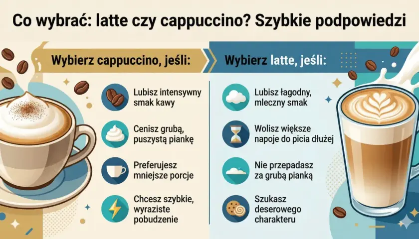 Porównanie: latte vs cappuccino. Wybierz cappuccino dla intensywnego smaku i grubej pianki, latte dla łagodności i deserowego charakteru.