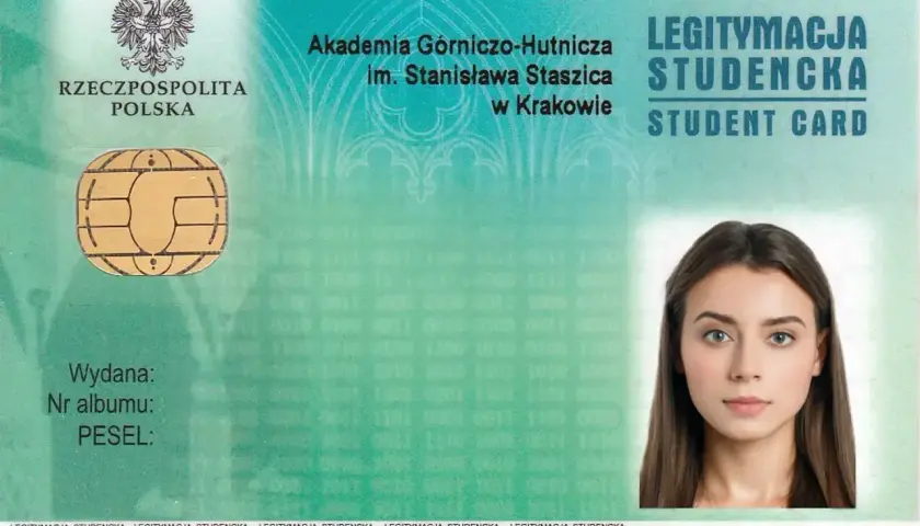 Legitymacja studencka AGH z wizerunkiem młodej kobiety, godłem Polski i chipem. Dokument potwierdza tożsamość studenta.