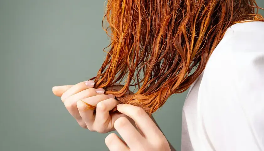 Manos revisando cabello mojado y teñido de naranja, quizás aplicando vinagre para el pelo para brillo y suavidad.