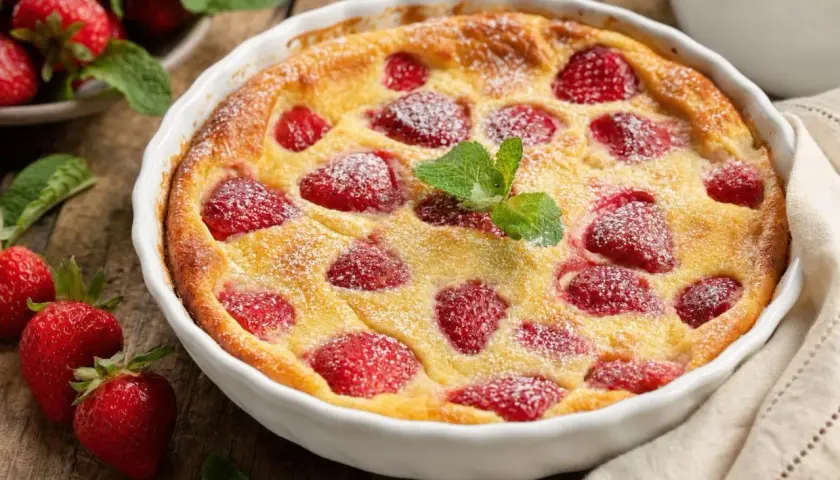 Un délicieux clafoutis aux fraises, saupoudré de sucre glace et garni d'une feuille de menthe, prêt à être dégusté.