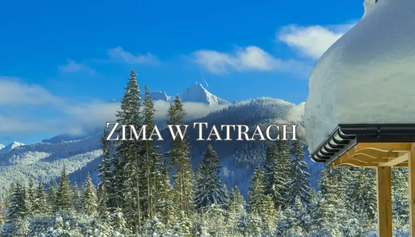 Zima w Tatrach dla średniozaawansowanych. Śnieżne szczyty, sosny i błękitne niebo tworzą idealny krajobraz na zimową wyprawę.