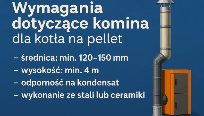 Komin zewnętrzny do pieca na pellet, z elementami stalowymi i ceramicznymi, o minimalnej średnicy 120-150 mm i wysokości 4 m, odporny na kondensat.
