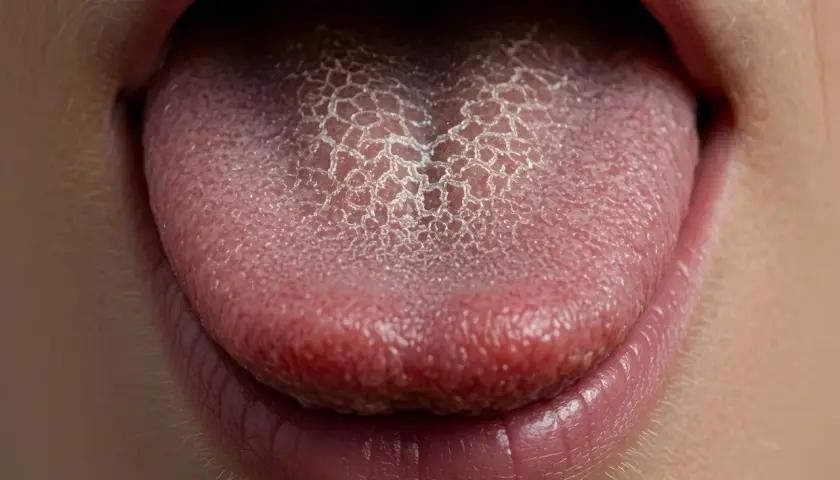 Lengua blanxa con un patrón agrietado, mostrando la textura y los labios rosados.
