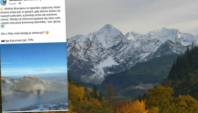 Widmo Brockenu nad górami, tęczowa aureola wokół cienia.