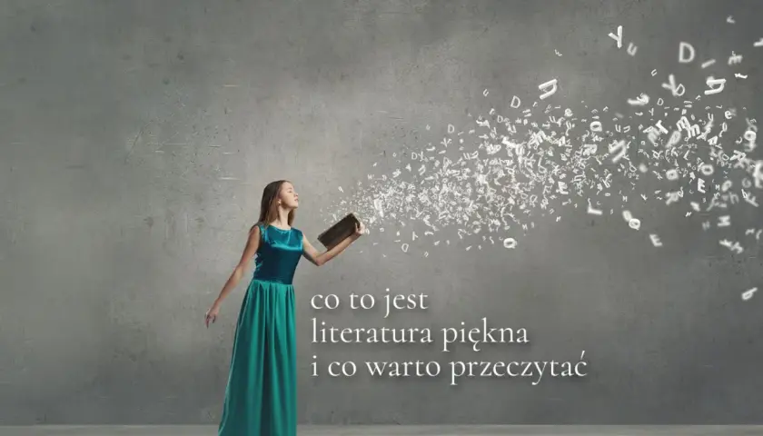 Kobieta w sukni wypuszcza z książki litery, symbolizujące literaturę piękną i jej granice.