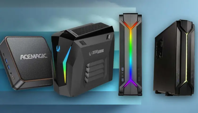 Quatre boîtiers d'ordinateurs, dont un petit ACEMAGIC et des modèles ZOTAC GAMING, illustrent ce qu'est un barebone PC.