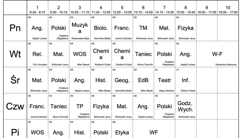 Plan lekcji klasy 8 z podziałem na dni tygodnia i godziny.